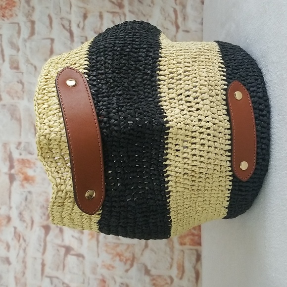 New Ralph Lauren Striped Straw Daphney Tote Bag - Picture 8 of 14